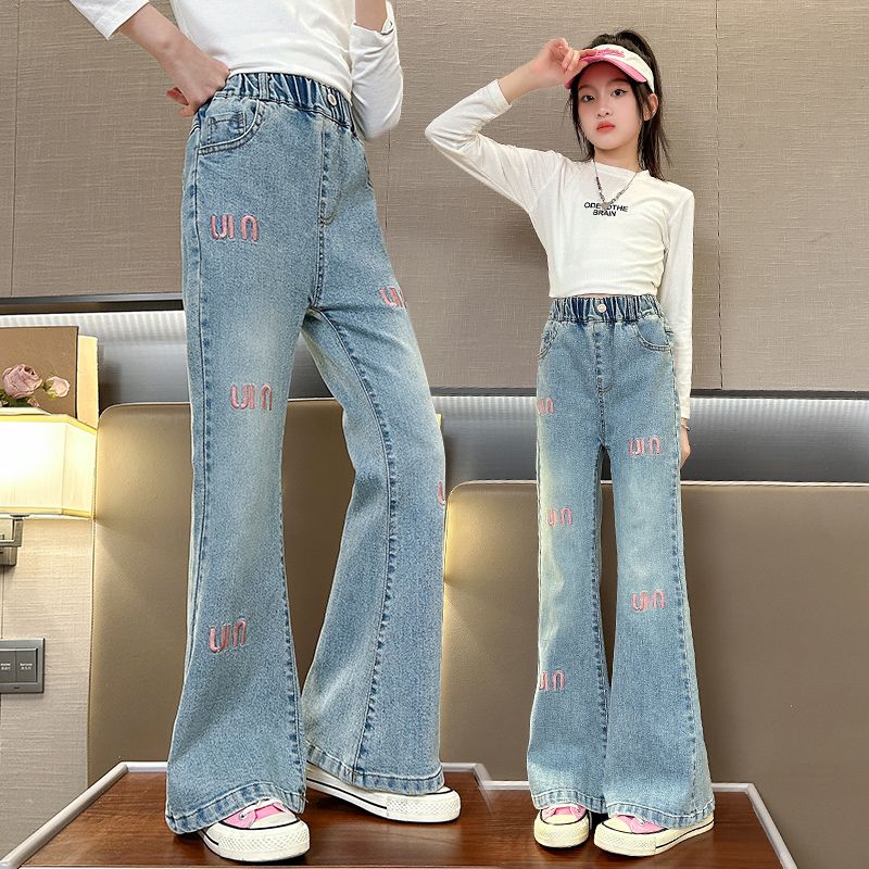 Girls' Spring and Autumn Clothing Fred Trousers 2024 New Embroidered Fashion Jeans Medium and Big Children Korean Slim Fit Bell-Bottom Pants