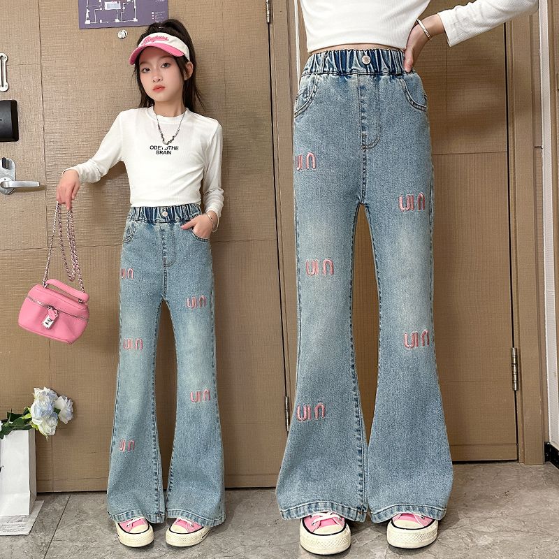 Girls' Spring and Autumn Clothing Fred Trousers 2024 New Embroidered Fashion Jeans Medium and Big Children Korean Slim Fit Bell-Bottom Pants