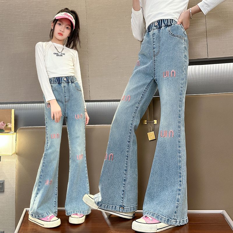 Girls' Spring and Autumn Clothing Fred Trousers 2024 New Embroidered Fashion Jeans Medium and Big Children Korean Slim Fit Bell-Bottom Pants