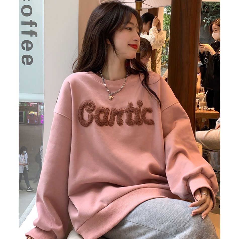 salt series pink with letters brushed hoody women‘s autumn and winter new printed western style pullover women‘s thickened oversize loose