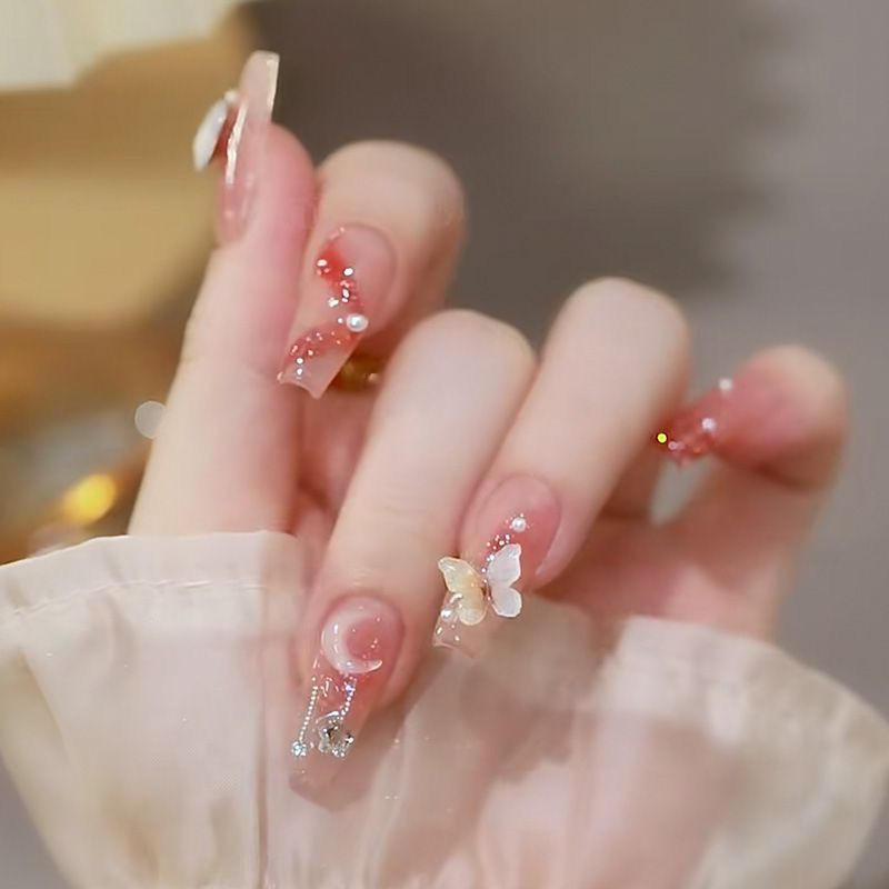 manicure wear nail ins advanced spring and summer white fake nail patch mid-length short detachable nail sticker finished product