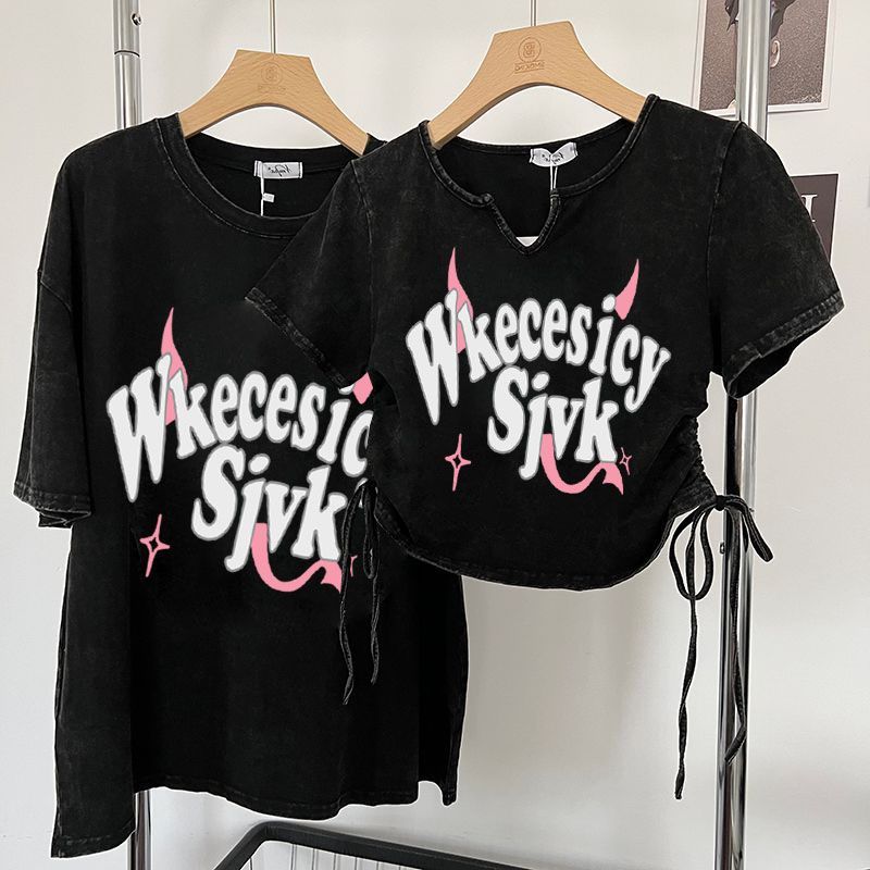 korean style vibe couple wear long and short ins washed distressed t-shirt american retro hot girl crop-top short top