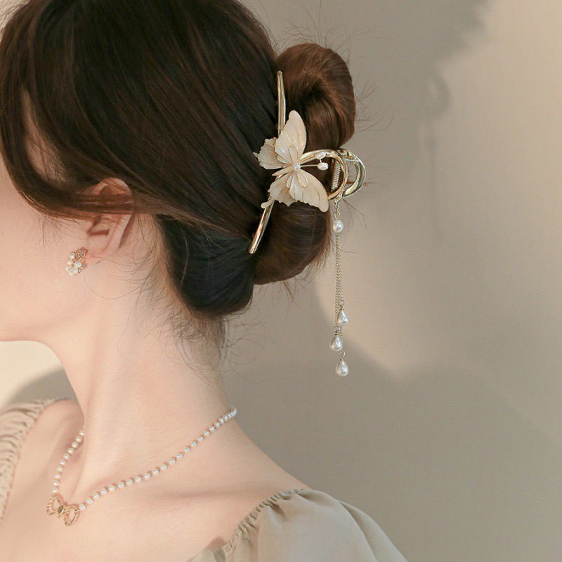 high-end antique elegant butterfly tassel hairpin large super fairy back shark clip headdress pearl clip