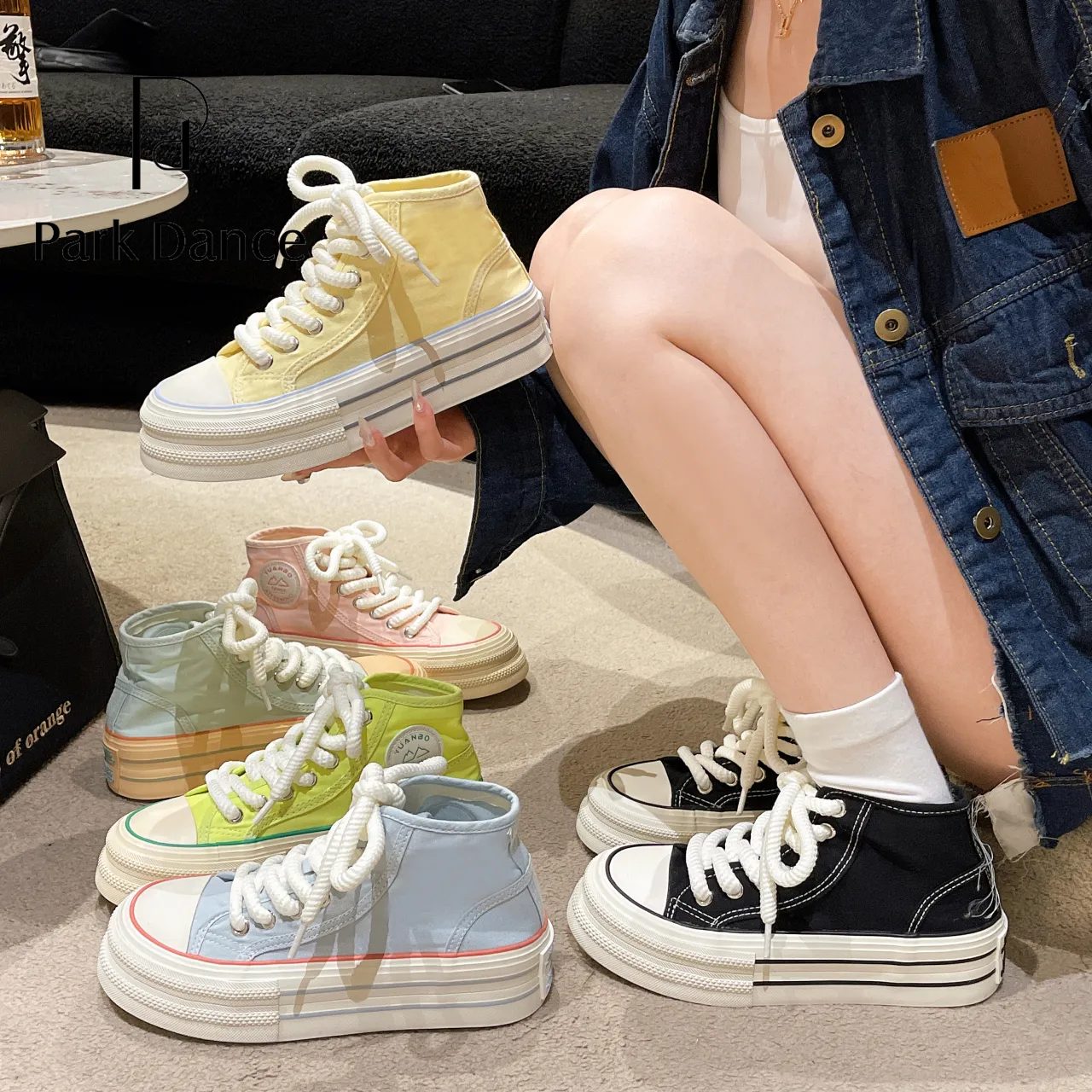 park dance summer 2024 dopamine lazy style thick-soled niche versatile shoes retro high-top canvas shoes