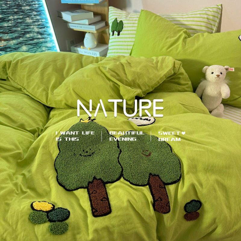 small tree towel embroidery fluorescent green quilt cover washed cotton bed sheet four-piece towel embroidery bedding dormitory three-piece set