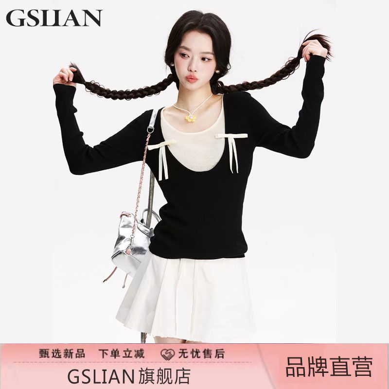 [brand] gslian spring/summer design ballet style fake two-piece knitted sweaters slim fit slimming bottoming top women