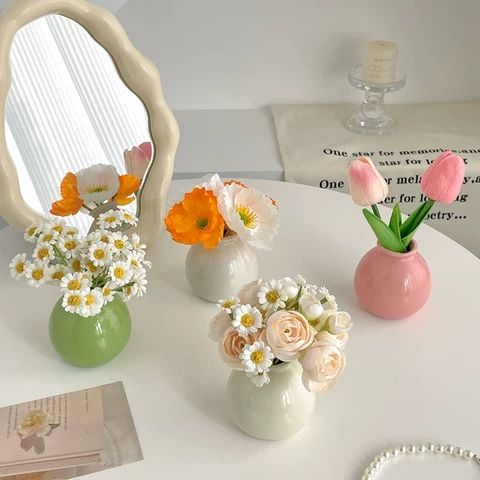 ins style cream ceramic small vase decoration flower arrangement tulip artificial flower suit hallway living room bedroom decoration