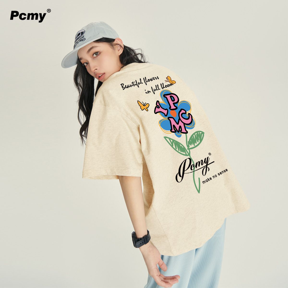 pcmy early spring summer letter t-shirt female 2024 new lovers outfit shoulder fashion brand design sense short sleeve heavy men