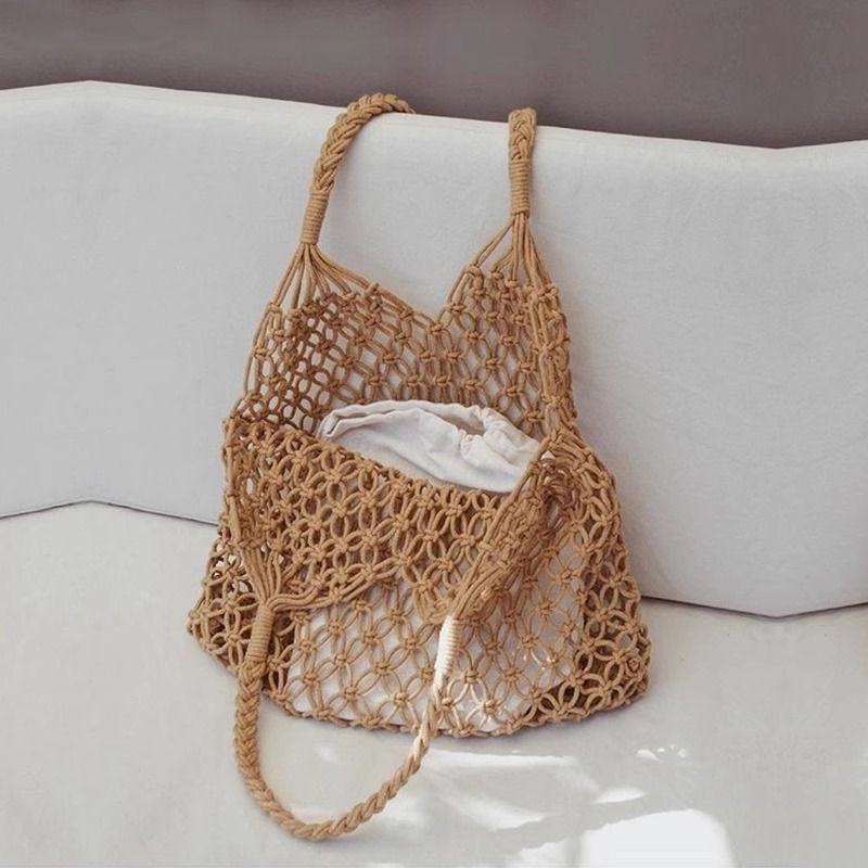 woven summer tote bag handmade new beach seaside vacation straw hand-held hollow mesh bag shoulder