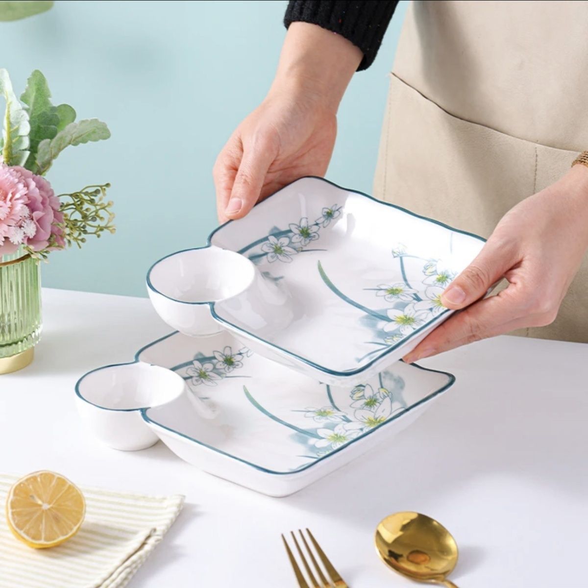 ceramic japanese-style dumpling plate plate with new homehold dumplings breakfast creative odd plate compartment dish french fries