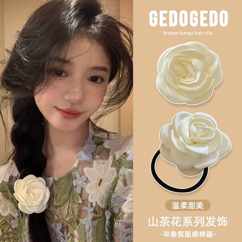 korean gentle camellia barrettes female temperament side ponytail tie hair band cute sweet girl white flower hairpin headband