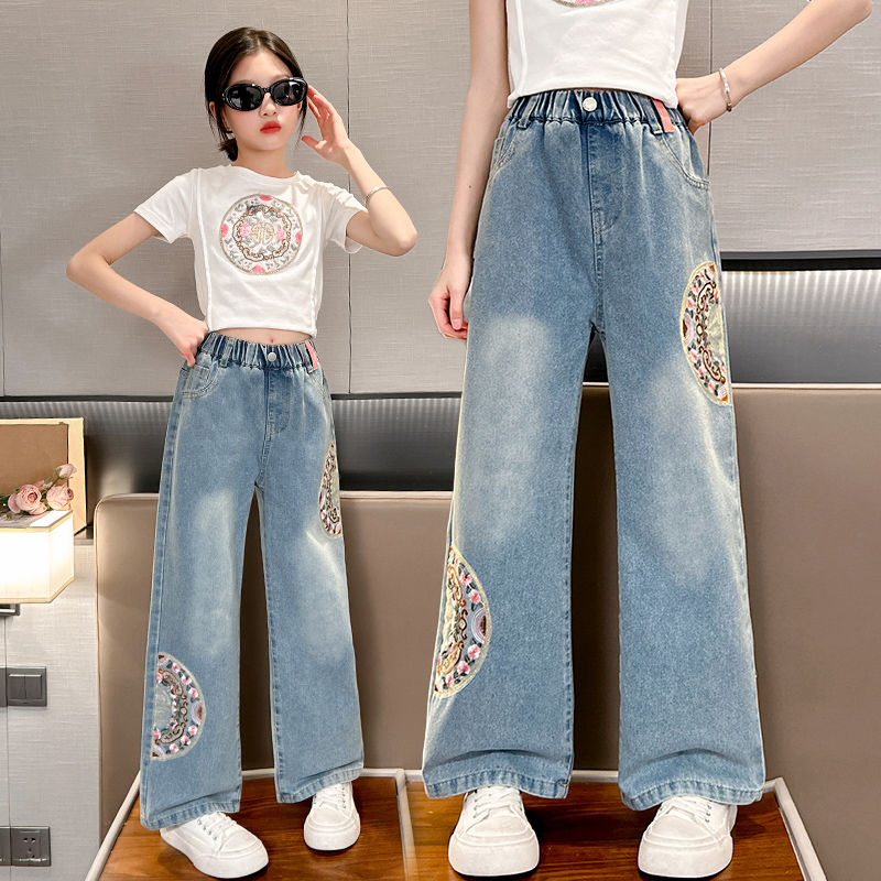 girls‘ spring and autumn clothing jeans 2024 new embroidered national style wide-leg pants medium and big children trend all-match straight-leg pants fashion