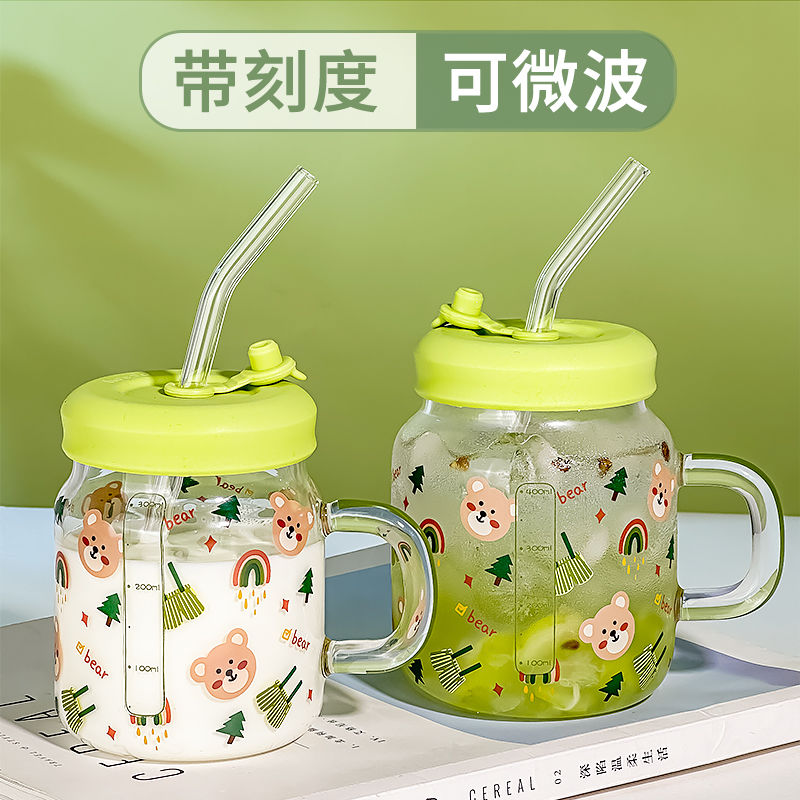 straw cup glass female 2024 new summer milk cup with scale office high temperature resistant drinking cup