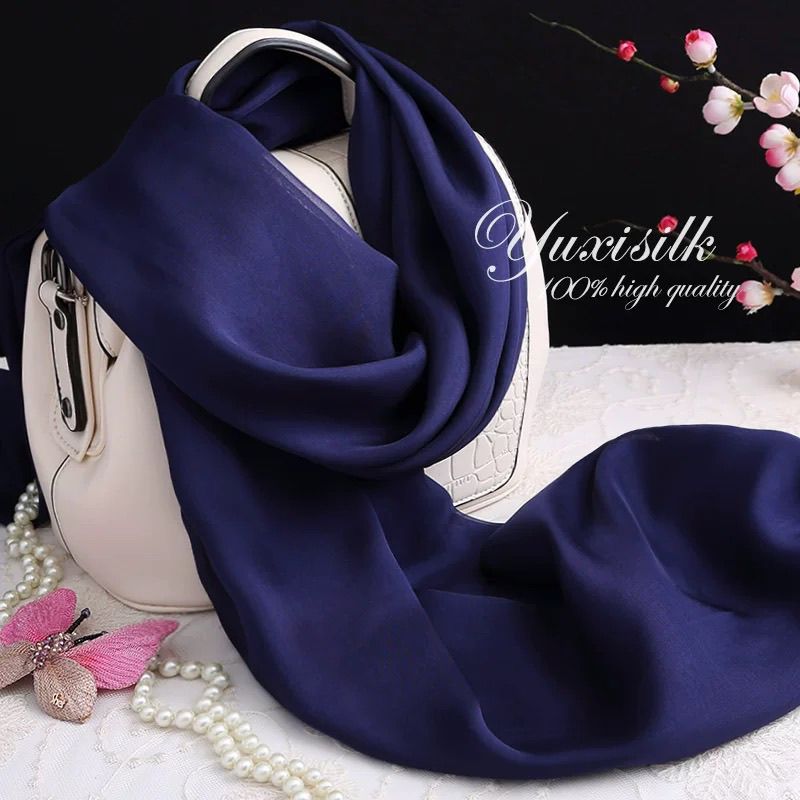 navy blue pure color hangzhou mulberry silk scarf shawl long thin scarf spring， autumn and winter soft ladies