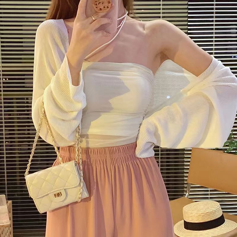 ice silk knitted cardigan women‘s thin summer blouse outer wear short cape suspender skirt sun protection 2024 new