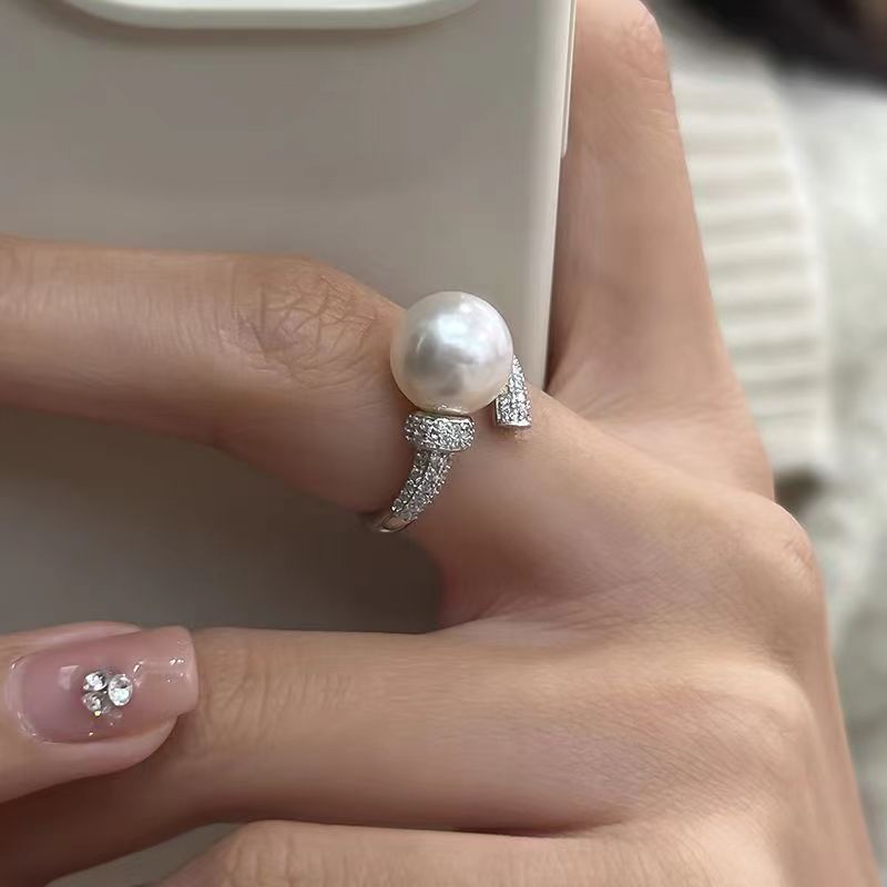 s925 sterling silver hanging full diamond open pearl ring temperament affordable luxury fashion high-grade sense niche ins ring female