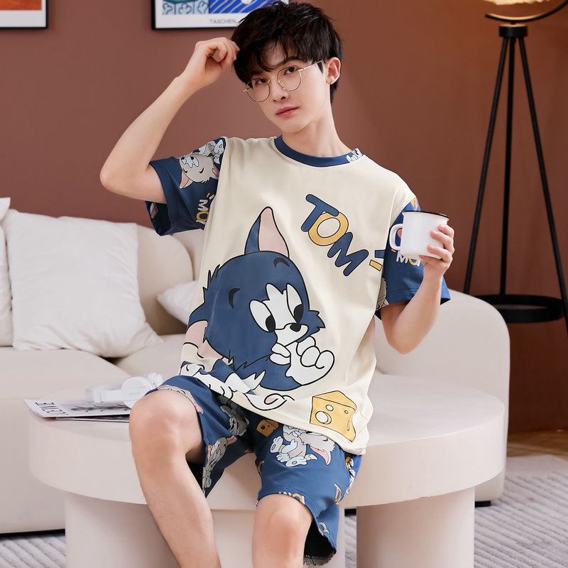 men‘s pajamas short-sleeved cotton junior high school students summer thin older children loose plus size homewear suit