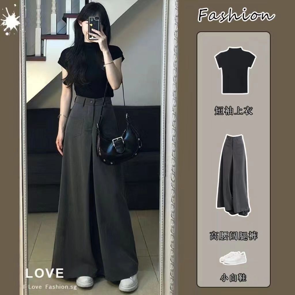 pantskirt suit wide-leg pants suit two-piece short-sleeved top casual laid-back style large swing skirt draping effect two-piece suit