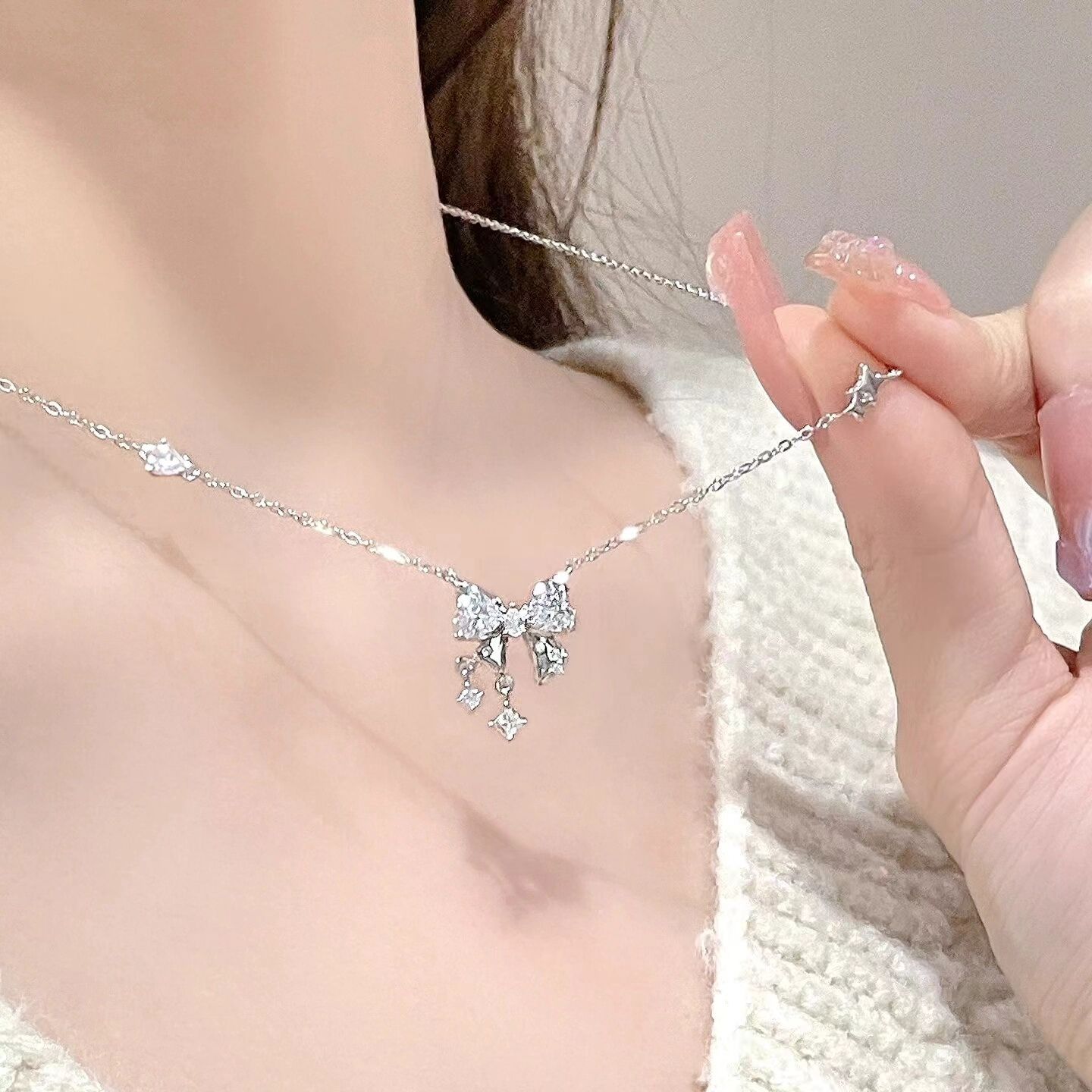 xiaohongshu same style bow necklace women‘s ins925 sterling silver simple mori style niche advanced clavicle chain gift