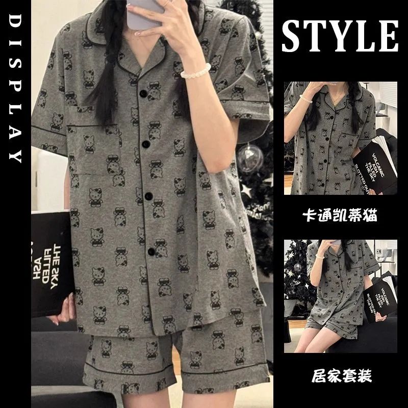 new gray kt  cute pajamas women‘s spring and autumn net red cardigan short sleeve shorts ins style homewear suit