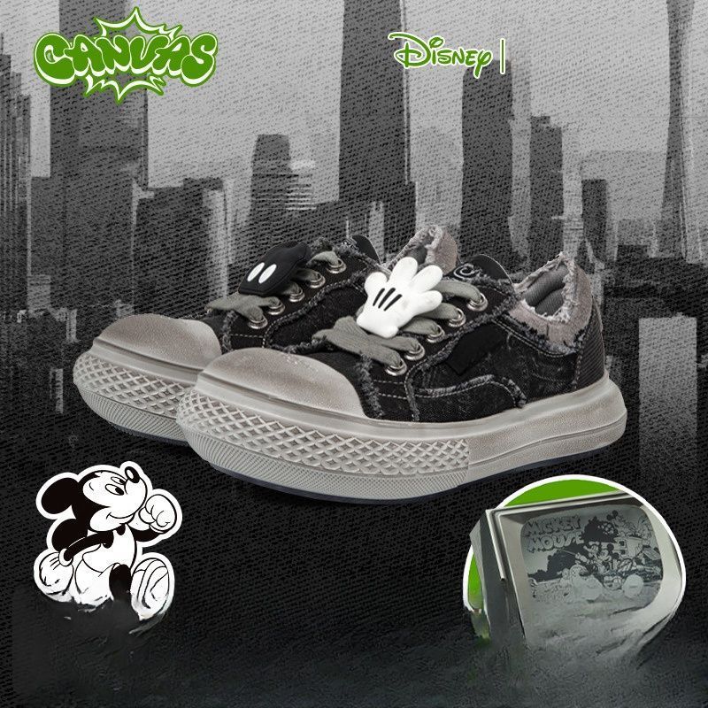 old same style  retro dark mickey joint name distressed canvas shoes men‘s thick bottom versatile couple big head shoes