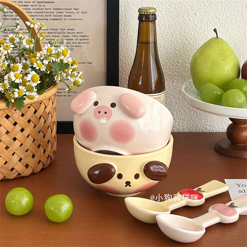 cute pig ceramic bowl with spoon gift tableware home couple eating bowl cartoon good-looking girl heart rice bowl