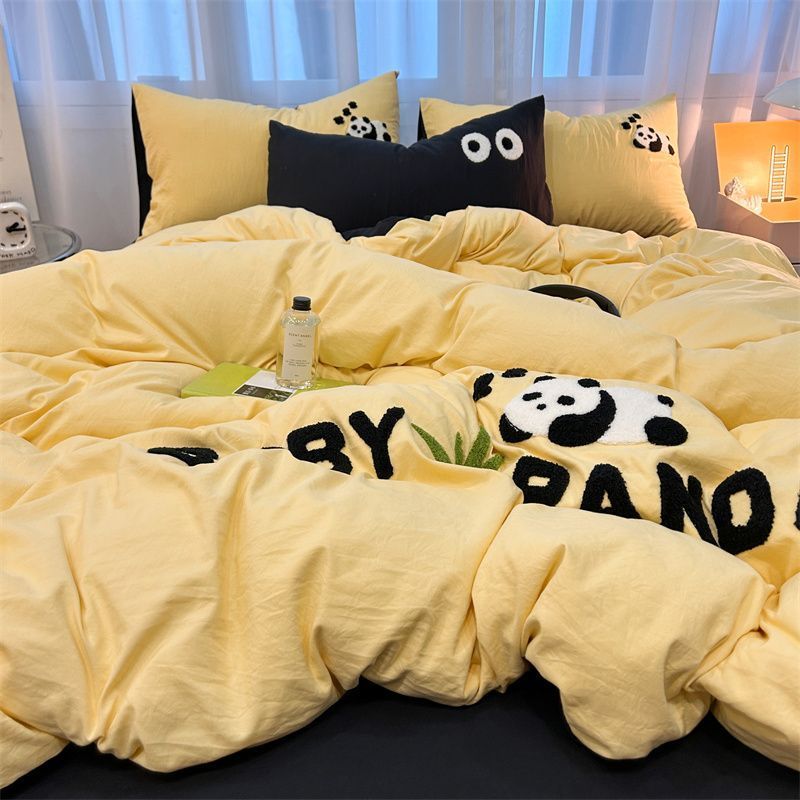 ins cute panda towel embroidery four-piece washed cotton solid color bed sheet quilt cover dormitory three-piece set bedding 4