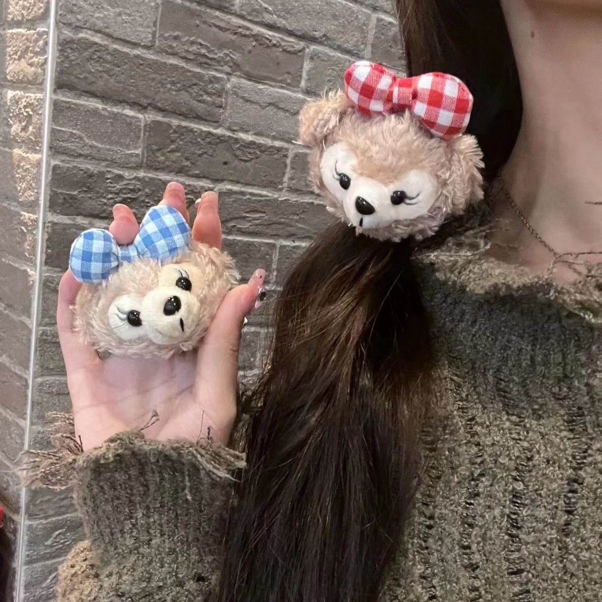 mimmy sweet cartoon duffy bear hair rope cute vintage plaid kawaii hair ring sweet duffy bear hair rope