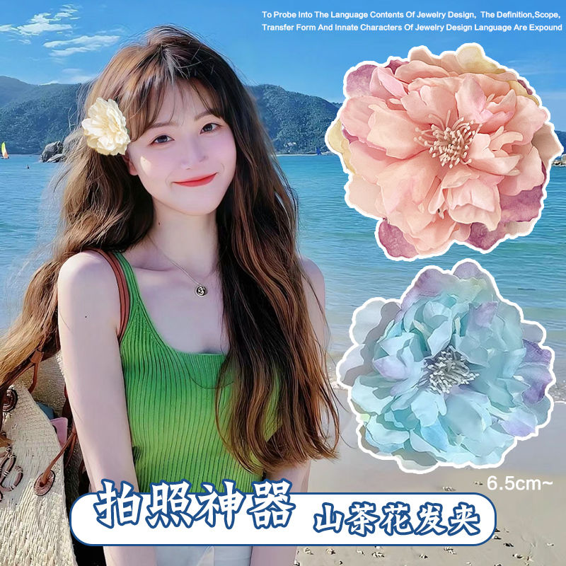 blooming blue camellia barrettes spring and summer sweet fresh feeling simulation flower hairpin seaside vacation style side clip