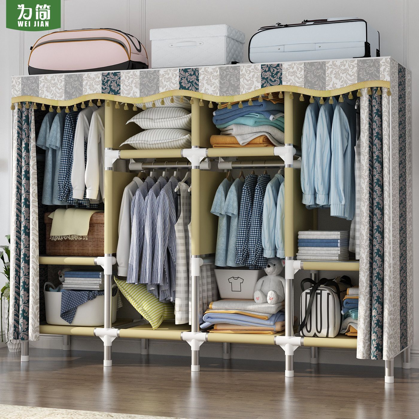 for simple cloth wardrobe household bedroom cloth wardrobe thickened steel pipe reinforced wardrobe storage shelf all-steel rental house