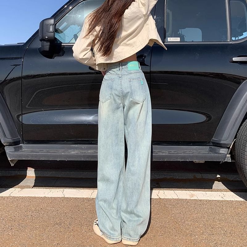 light-colored wide-leg jeans for women 2024 summer thin high waist loose straight pear shapes design sense mop pants