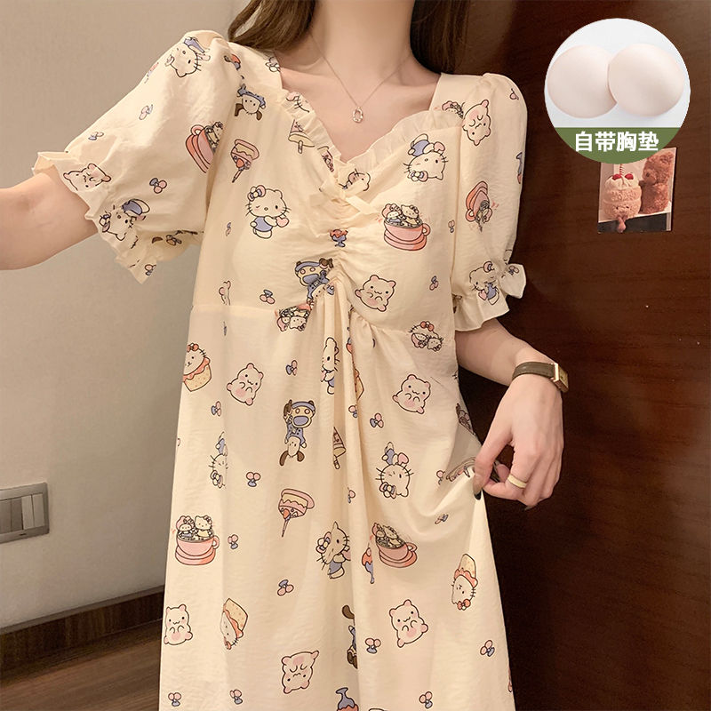 women‘s bow nightdress summer ruffles cartoon cute thin pajamas skirts women‘s outerwear homewear