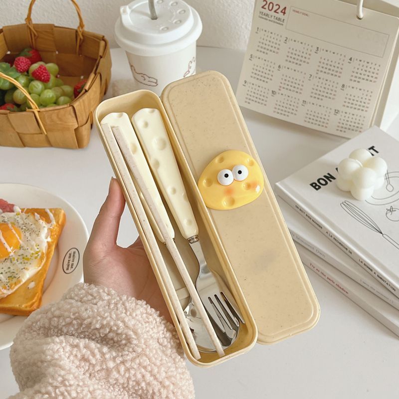 cute ins cheese spoon fork three-piece set including chopsticks student tableware children‘s portable tableware storage box set