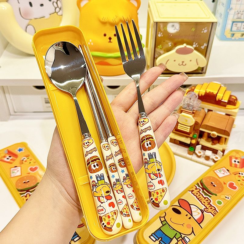 keir hamburger 304 stainless steel ceramic spoon fork chopsticks cute cartoon student dormitory household portable cutlery box