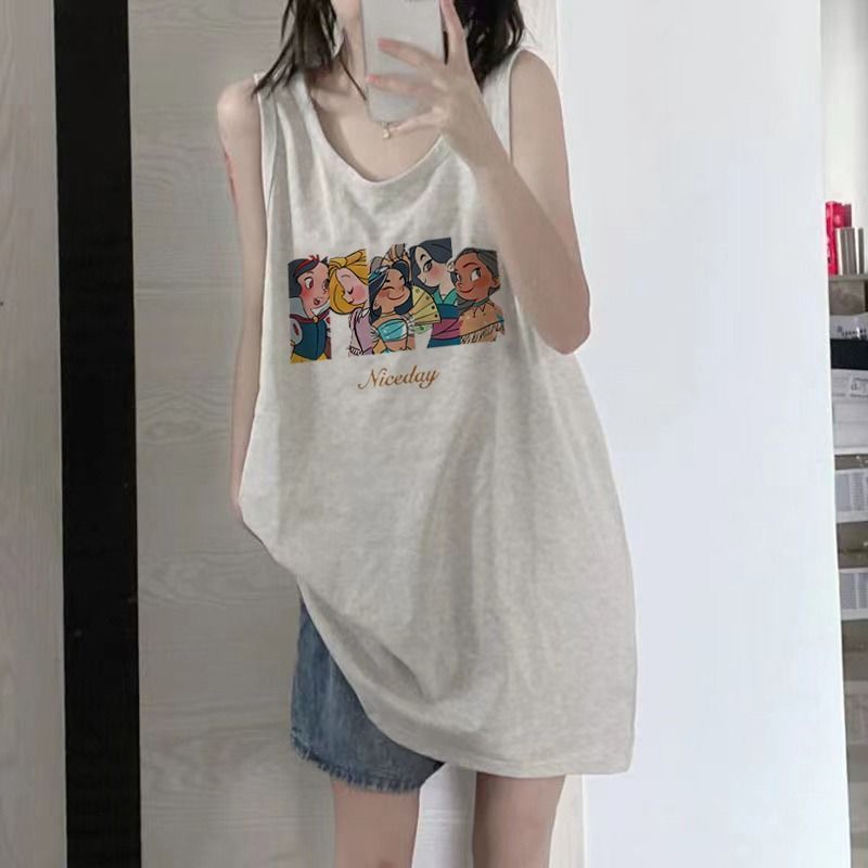 100_no pilling sports tank top sleeveless t-shirt women‘s summer plus size thin loose outer wear mid-length printed top