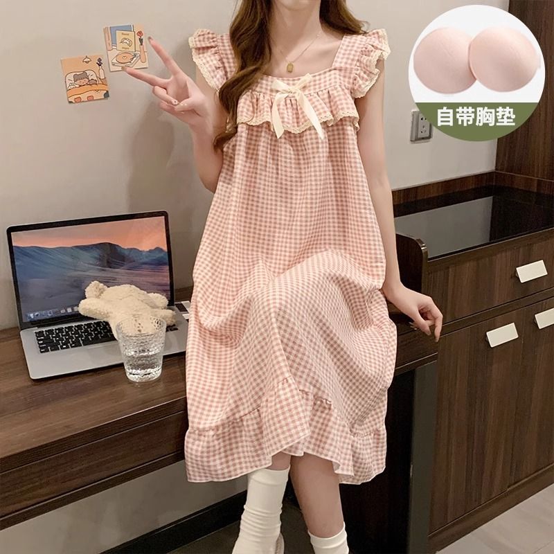 women‘s summer princess style cotton cushion pajamas with nipple coverage nightdress 2024 new plaid sweet for outer wear homewear