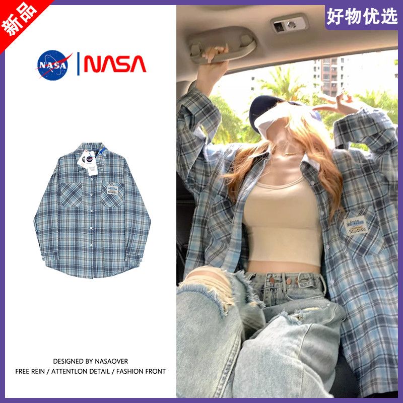 nasa joint name hong kong style retro sun protection shirt women‘s outer wear long sleeve checked shirt men‘s spring and autumn niche couple wear