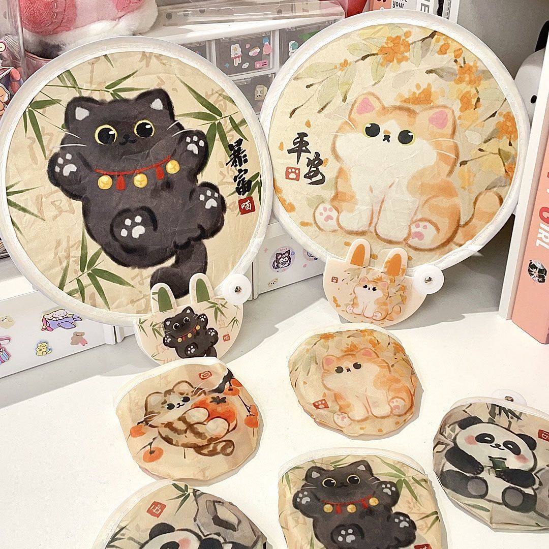 cartoon selfie reflector portable national style  folding circular fan cute student small fan antique panda round fan