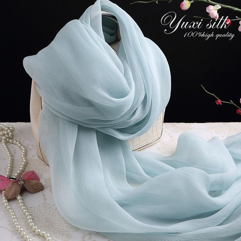 light blue solid color women‘s hangzhou mulberry silk silk scarf shawl long satin face towel spring， autumn and winter warm