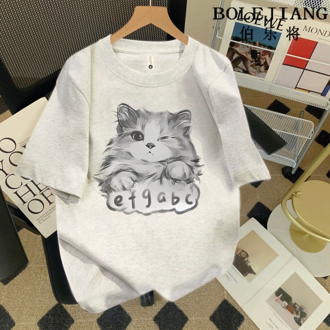 100% cotton  graffiti printing summer short-sleeved t-shirt female loose leisure all-matching round neck couple heavy ins