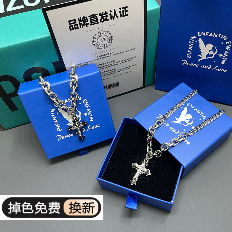 [engraving is possible] equator cross necklace titanium steel no fading hip hop men‘s and women‘s same accessories clavicle chain