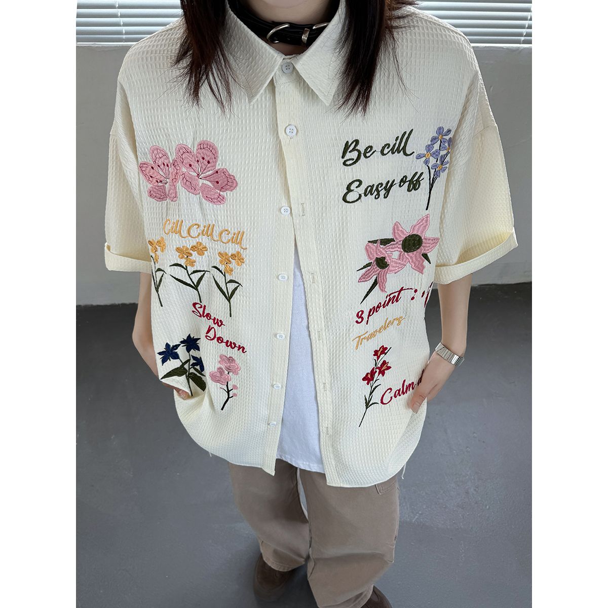 colorful flowers short sleeve men‘s and women‘s waffle embroidered shirt ins summer new preppy style plus size all-matching business attire