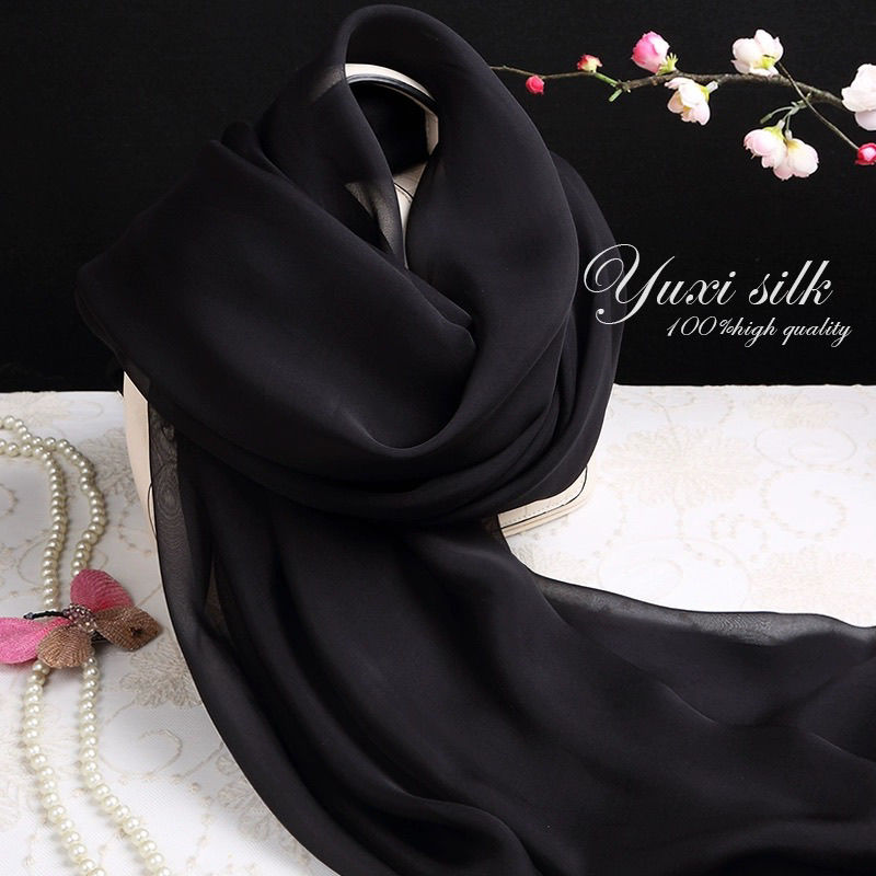 black and white pure color mulberry silk long silk scarf shawl women‘s lightweight gauze kerchief elegant silk scarf casual high-end