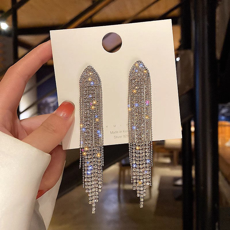 sterling silver stud earrings long fringe earrings 2024 new exaggerated earrings light luxury high-grade bridal dress earrings for women