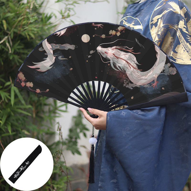 2024 dragon fan archaic folding fan double-sided male and female chinese style student waterproof domineering black folding fan summer