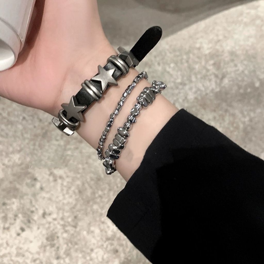 punk star leather strap bracelet chain female ins european and american hot girl rock retro stacked couple gothic style