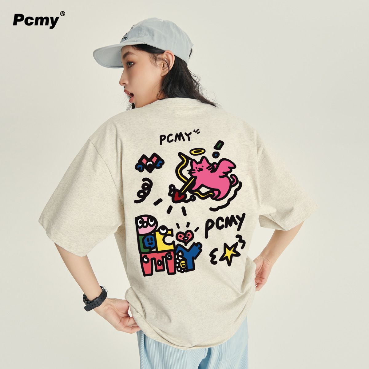 pcmy design letter short sleeve 2024 summer new fashion brand couple wear men and women loose heavy cotton t-shirt