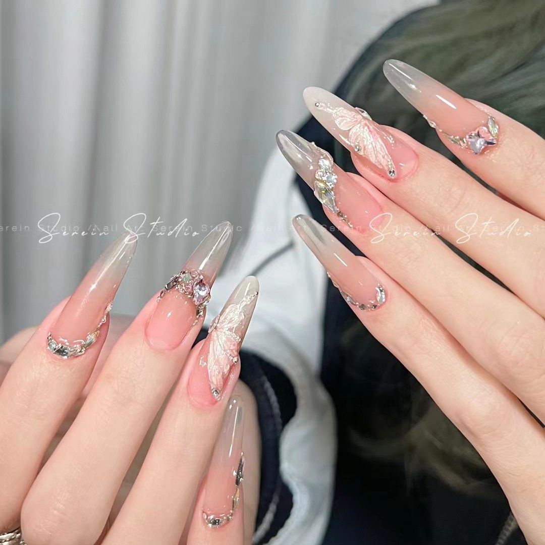 butterfly feather flying hand-worn nail high-grade ice transparent chinese style three-dimensional nude color light luxury fine flash pure desire flash manicure