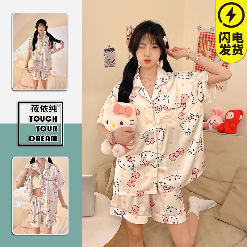 2024 new girls‘ summer tian bing silk women‘s pajamas cartoon short sleeve suit large size high-grade home wear