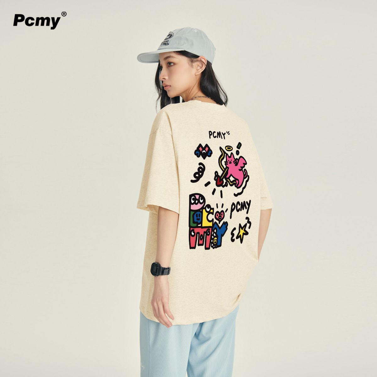 pcmy design letter short sleeve 2024 summer new fashion brand couple wear men and women loose heavy cotton t-shirt